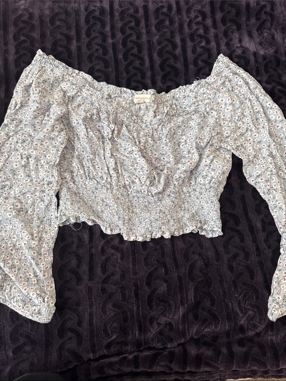 Aeropostale Light Blue Floral Smocked Off-Shoulder Crop Top